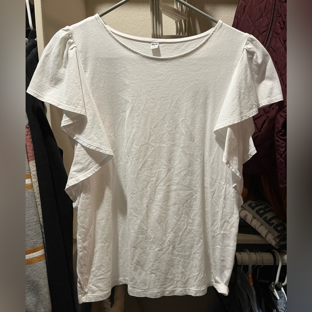 White tee with ruffle cap sleeve